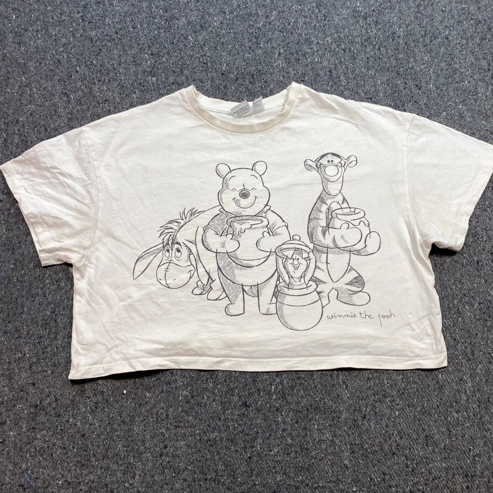 Disney Winnie the Pooh TShirt Sz L Womens White Streetwear Sketch Graphic Crop